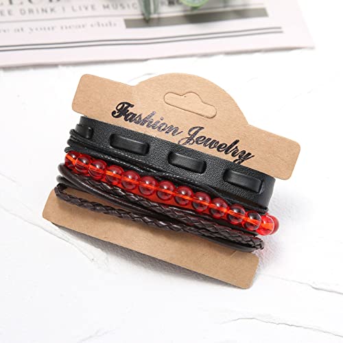 HZMAN Handmade Hemp Cords Wood Beads Leather Bracelets for Men Women - style: Red Onyx Stone