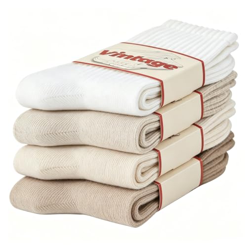 DAUCO 4 Pairs 98% Cotton Socks for Men Women Crew Seamless Fall Slouchy Socks - color: 4 Pairs - White+light Beige+light Khaki+medium Khaki, size: 10-13