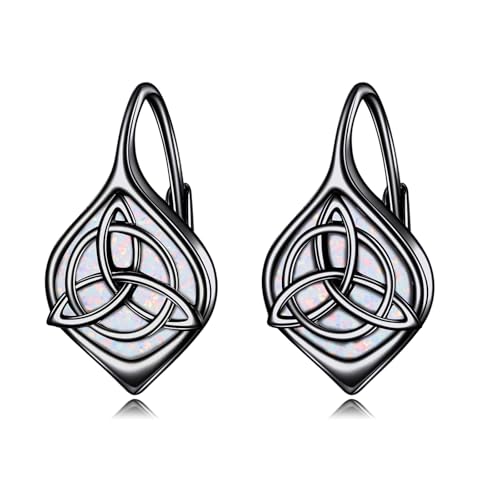 Celtic Trinity Knot Earrings for Women 925 Sterling Silver Triquetra Knot Leverback Abalone Shell Irish Jewelry Tree of Life Gift - style: Black-White Opal-celtic knot