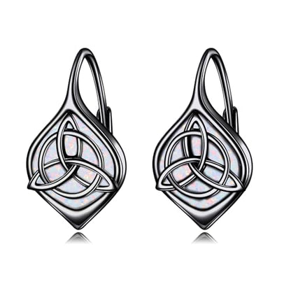 Celtic Trinity Knot Earrings for Women 925 Sterling Silver Triquetra Knot Leverback Abalone Shell Irish Jewelry Tree of Life Gift - style: Black-White Opal-celtic knot