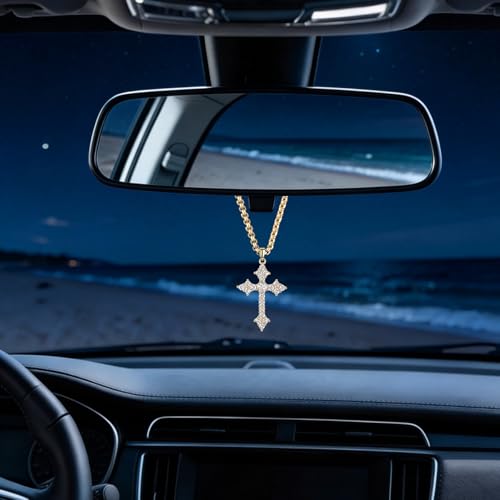 Cavalcade Zirconia Cross Pendant for Car Rear View Mirror Decor Auto Faith Amulet Sparkly Religious Christian Medal Ornament