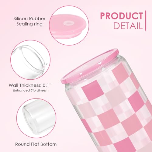 SANDJEST Checker 16 Oz Can Glass Tumbler with Acrylic Lid and Straw - Iced Coffee Cups for Women, Aesthetic Glass Cup Gift for Birthday Christmas - color: Checker 2