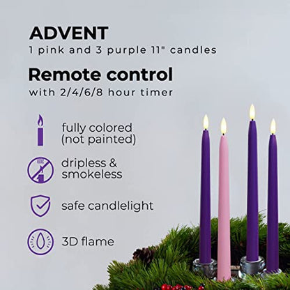 Stmarry Flameless Advent Candles, Set of 4 - Flickering LED Flame, 11 Inch Taper Candlesticks, Remote Controlled, Purple and Pink for Christmas Wreath - color: Purple and Pink
