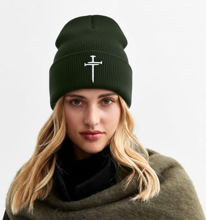 Christian Jesus Cross Beanie - Faith Winter Beanie Hats for Men Women - Religious Gifts for Christmas & New Years - color: Three Nails Cross/Army Green