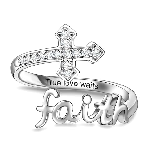 Helonley Cross Faith Ring for Women - 925 Sterling Silver Inspiration Rings - style: True Love Waits
