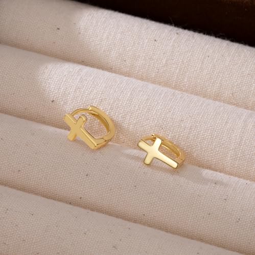 Reffeer Solid 925 Sterling Silver Cross Hoop Earrings for Women Teen Girls Small Cross Huggie Earrings Cartilage Helix - color: B-Yellow