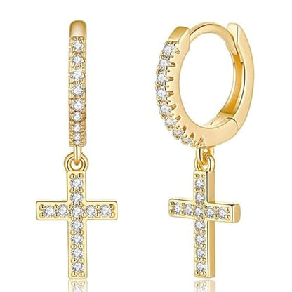 Cross Dangle Hoop Earrings for Women with CZ Stones - color: Gold