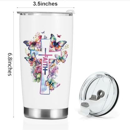 Christian Gifts for Women Sister Tumbler, Inspirational Bible Verse Butterfly Gifts Birthday Christmas, Faith Religious Coffee Mug Stainless Steel Vacuum Insulated Double Wall Travel Cup with Lid - color: Faith Butterfly 1228