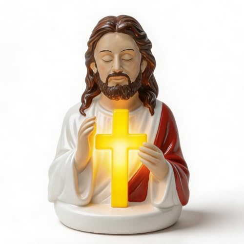 Sacred Jesus Cross Figurine LED Night Lamp, 6'' Resin Jesus Bust Statue with Illuminated Cross, Soft Warm Light Prayer Devotional Lamp,Gift for Baptism, Easter, Christmas, Housewarming - color: Red