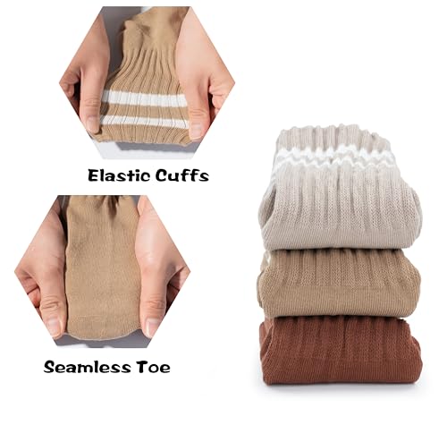 BomKinta Womens Striped Crew Socks Retro Above Ankle Cotton Sock Size 5-10 - color: 3 Pairs-light Khaki Dark Khaki Reddish Brown