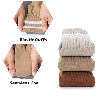BomKinta Womens Striped Crew Socks Retro Above Ankle Cotton Sock Size 5-10 - color: 3 Pairs-light Khaki Dark Khaki Reddish Brown