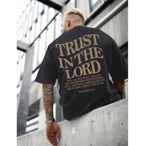 Wrenpies Mens Oversized Christian Shirts God Faith Jesus Religious Tshirts Trust in The Lord Bible Verse Tees Acid Wash Tops - color: Black, size: XX-Large