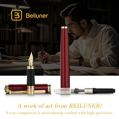 BEILUNER Red Fountain Pen,Stunning Luxury Pens with 24K Gold Finish, Gorgeous 24K Gilded Nib(Medium), Fancy Pen Gift for Men&Women -Ink Converter-Elegant,Professional,Office,Nice Pen for Writing - color: Red&Gold, style: Medium Nib