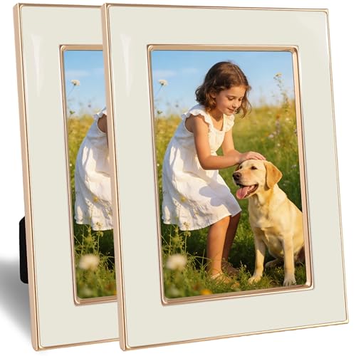 4x6 Enamel Picture Frame with Gold Metal Edge, Real Glass Photo Frames with Velvet Back, Horizontal and Vertical Display for Wall or Tabletop Desk Photo Gallery Decor (White, 2Pcs) - color: White, size: 4x6 (2 Pcs)