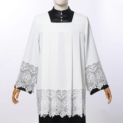 Catholic Premium Clergy Vestment Set Elegant White Surplice with Pleated Lace Details - size: Large