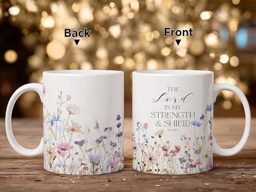 Christian Gifts for Women Ceramic Coffee Mug, Religious Gifts, Inspirational Scripture Coffee&Tea Mug, Bible Verse: The Loved is My Strength, Microwave and Dishwasher-safe (White-Little Flower)