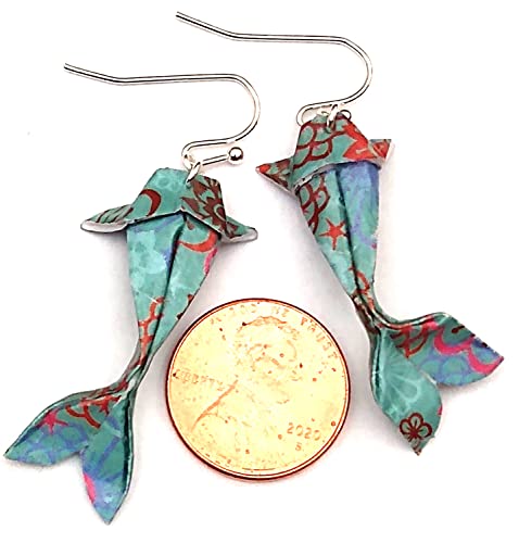Paper Origami Koi Fish Earrings, 6 Color Patterns - color: Teal Pink Brown