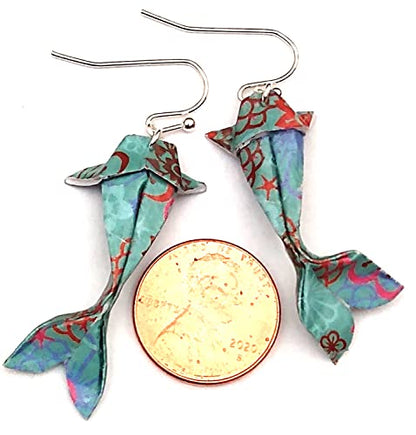 Paper Origami Koi Fish Earrings, 6 Color Patterns - color: Teal Pink Brown
