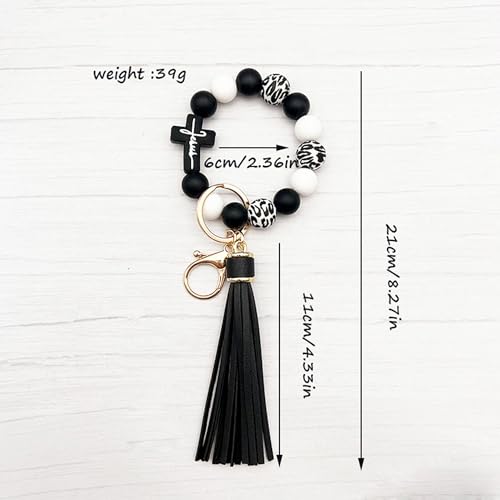 Silicone Beaded Jesus Cross Wristlet Keychain Leather Tassel,Key Ring Wrist Bangle,Key Chains Bracelet Women - color: Dark Pink Cross