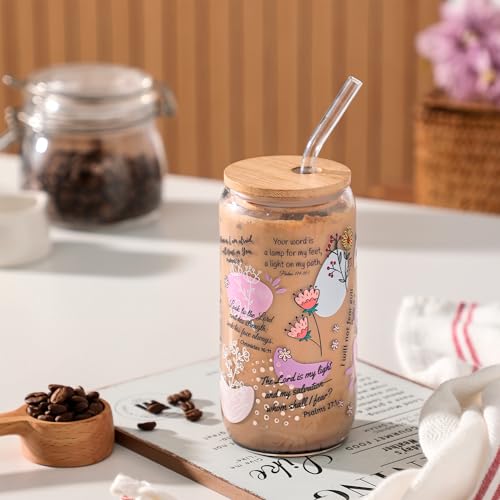 Christian Gifts for Women – 16oz Bible Verse Coffee Mug, Daily Bible Affirmations Glass Tumbler with Straw – Inspirational Religious Coffee Cup for Birthday, Mother’s Day, or Faith Lovers - color: Bible Verse-3