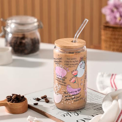 Christian Gifts for Women – 16oz Bible Verse Coffee Mug, Daily Bible Affirmations Glass Tumbler with Straw – Inspirational Religious Coffee Cup for Birthday, Mother’s Day, or Faith Lovers - color: Bible Verse-3