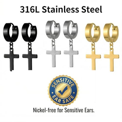Cross Earrings Dangle Hinged Stainless Steel Hoop and Stud Fashion Ear Jewelry for Men Women - size: 3 Pair Wide