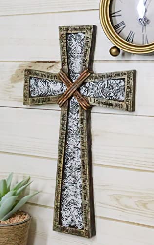Ebros Gift 16" Tall Rustic Western Faux Wooden Holy Bible Scriptures with Braided Ropes and Ornate White Lace Stencil Antique Design Decorative Wall Cross Hanging Decor Plaque