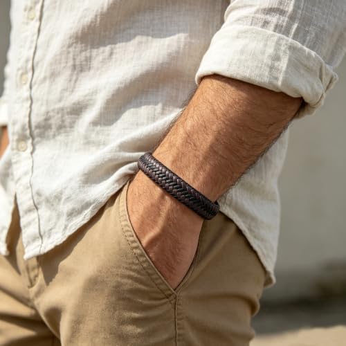 Kim Carrey Italian Handmade Leather Bracelets for Men - color: Brown Braided, size: 8.2"