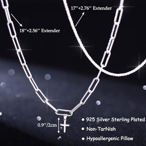 925 Sterling Silver Necklace for Women Layered Cross Paperclip Chain Necklaces Dainty Sparkle Pendant Jewelry Gifts - style: Paperclip Chain+Cross