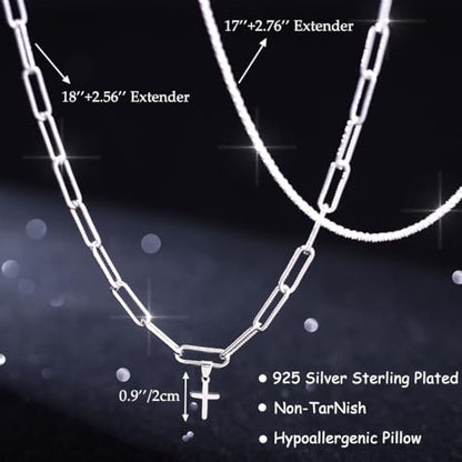 925 Sterling Silver Necklace for Women Layered Cross Paperclip Chain Necklaces Dainty Sparkle Pendant Jewelry Gifts - style: Paperclip Chain+Cross
