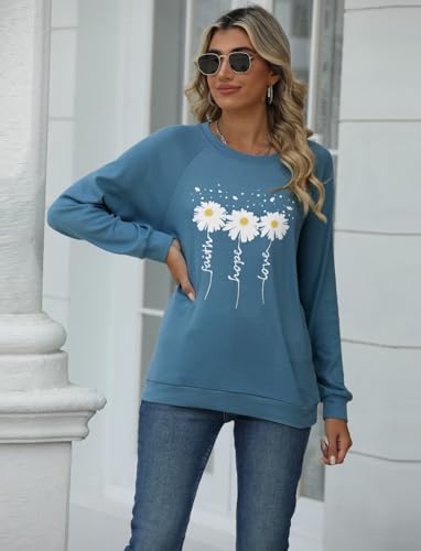 EADINVE Women Daisy Print Sweatshirts Crewneck Long Sleeve Pullover Tops - color: Dust Blue, size: XX-Large