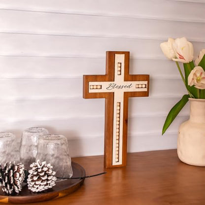 BONNY DODO Christian Wood Cross Wall Decor - Retro Blessed Rustic Wooden Wall Hanging Art, Home Sculpture with wood beads Home Decer (Wooden bead style)