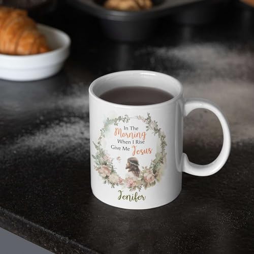 Custom Name Christian Themed Ceramic Mugs, In The Morning When I Rise Give Me Jesus Mug, Personalized Christian Faith Coffee Cup, Customized Jesus Travel Tea Cup With Wreath Design - color: XUA-324-1559-Christian Faith