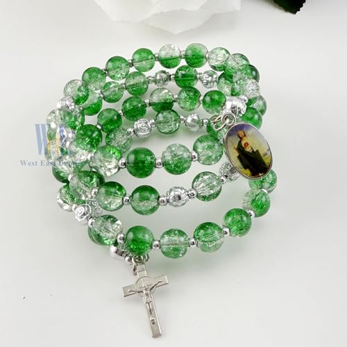 12 pcs Religious Wrap Rosary Bracelet, Green Beads with Cross and St. Jude Medal Charm, Memorial Prayer Favor - color: JA010S-grn
