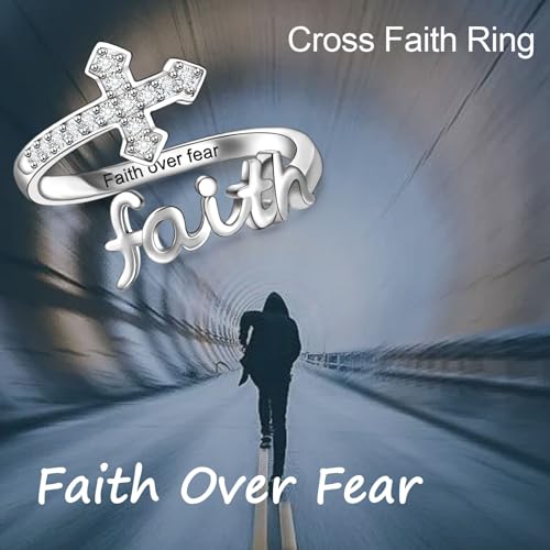 Helonley Cross Faith Ring for Women - 925 Sterling Silver Inspiration Rings - style: Faith Over Fear