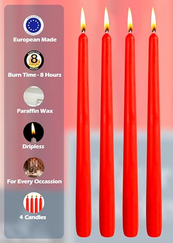 Hyoola Tall Taper Candles - 10 Inch Red Unscented Dripless Taper Candles - 8 Hour Burn Time - 4 Pack - color: Red, size: 10 Inch