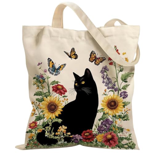 Canvas Tote Bags Reusable Shopping Bag for Women with Zippered Inner Pocket Magnetic Snap Closure - color: Black Cat 1