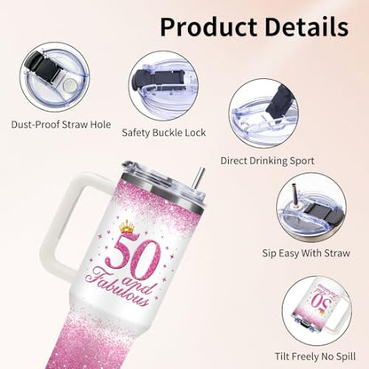 50th Birthday Gifts for Women Her, 1976 50th Birthday Tumbler 40 oz with Handle and Straw, 50 Year Old Gift for Women Mom Wife Sister Friend - Fifty and Fabulous Tumblers - color: Fifty1