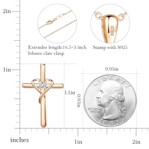 AmorAime 925 Sterling Silver Cross Necklace for Women Men 14K Gold Plated 5A CZ Birthstone Necklaces for Holiday - color: M-Rose Gold