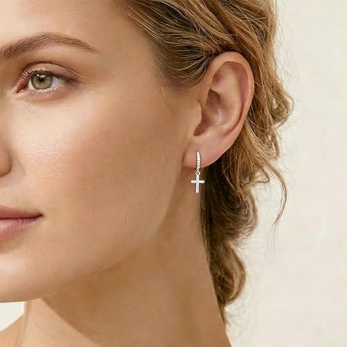 Cross Dangle Hoop Earrings for Women with CZ Stones - color: Silver