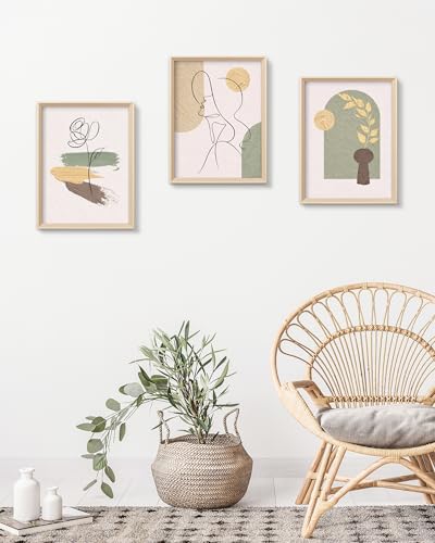 HesenDot High Wood Framed Abstract Line Art Wall Art Set of 3,12x16IN - color: High Frame Abstract Line Face