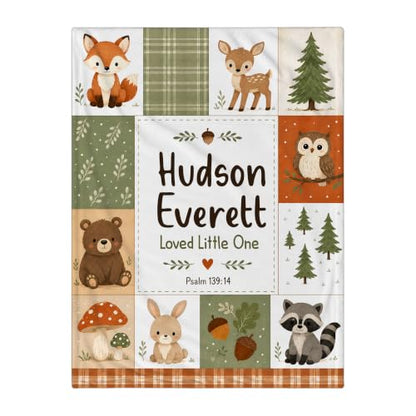 Personalized Woodland Animal Baby Blanket, Custom Forest Baby Blanket - color: White #6