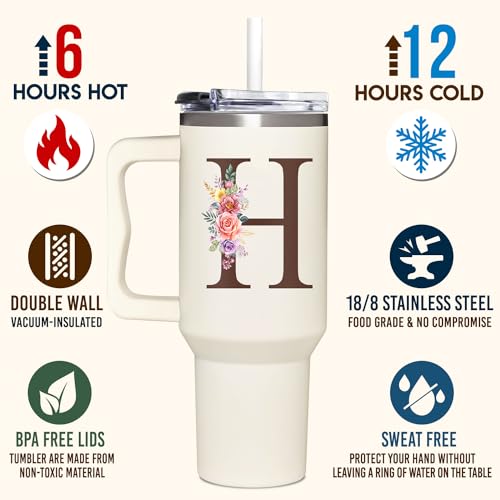 Personalized Gifts for Women, Customized Mother's Day, Birthday, Xmas Gift For Grandma, Mom, Wife, Friends, Sisters, Coworkers, Monogrammed Tumbler 40oz with Lid and Straw - color: H
