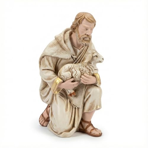 Kneeling Shepherd Holding Lamb Nativity Figurine Hand Painted Christmas Creche Figure Rustic Religious Holiday Home Decor