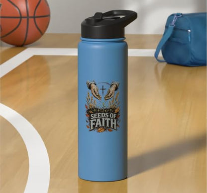 Seeds Of Faith Christian Wheat Cross Scripture Stainless Steel Insulated Water Bottle - color: Light Blue