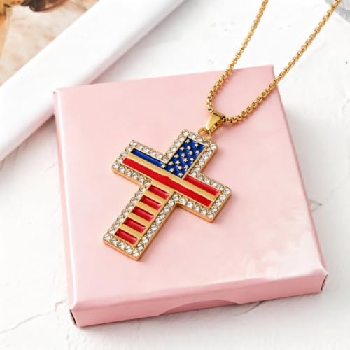 American Flag Cross Pendant Necklace, Silver-Tone, Stars and Stripes, Patriotic Religious Jewelry,for a gift box - color: Gold1