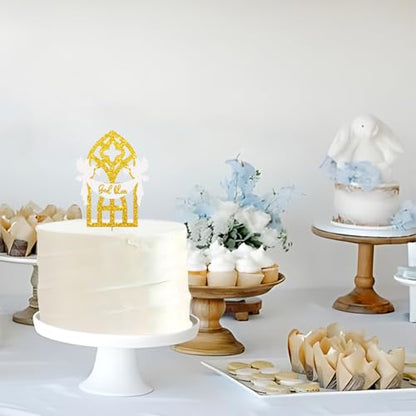 God Bless Cake Topper, Mi Baptism Cake Decor, Gold Glitter Christening Dove Cake Topper for Baby Shower, Religious Themed Party Decoration - style: God Bless