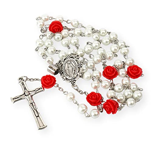 Nazareth Store Pearl Beads Rosary Beaded Necklace Projection Our Father Prayer Medal with Miraculous Centerpiece and Jesus Crucifix NS - color: White