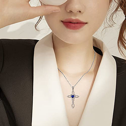Celtic Knot Cross Pendant Necklace Sterling Silver Religious Irish Infinity Love Heart Irish Celtics Necklace Jewelry Mothers Day Birthday Gifts for Women Girls - color: Silver September cross necklace