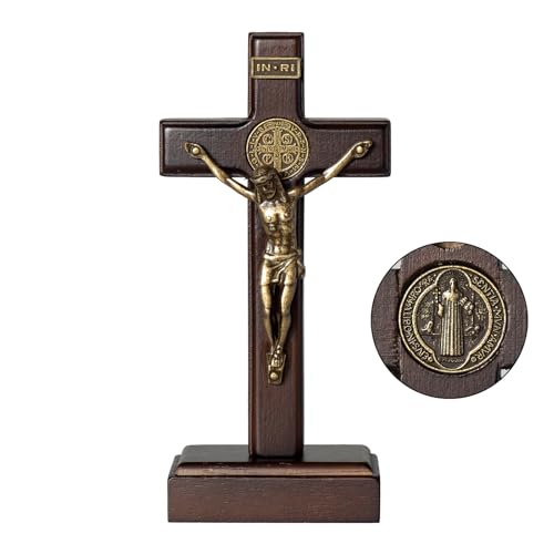 KUXBET Crucifix Wall Cross with Standing, 5inch Jesus Catholic Wooden Cross - color: Small Tabletop